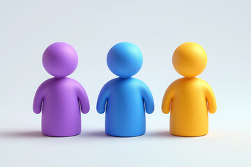 Three Colorful Abstract Figures Standing Together Purple, Blue, and Yellow Rendered Image