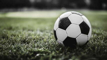 Black and white soccer ball on a green field, close-up. Sports, active recreation, sporting events.