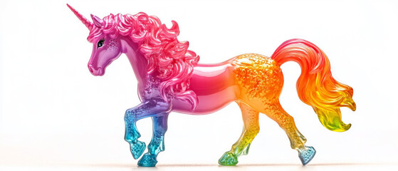 Bright gradient unicorn with multicolored mane and tail. Background for children's books, advertising posters, toy packaging.
