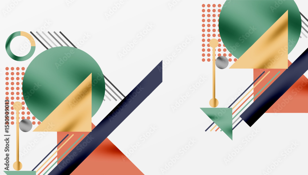Poster abstract geometric composition. circles, triangles, lines create modern design. warm, cool colors co