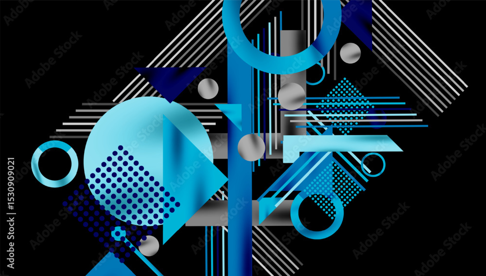 Poster abstract geometric composition. blue, silver shapes overlap, creating dynamic visual effect. lines, 
