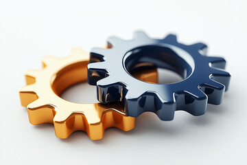Two Interlocked Gears A Gold Cog Engaging with a Blue Cog on White Surface