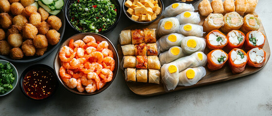 Variety of Asian appetizers and sauces on the table. Featuring cooking blogs, restaurant menus, and articles on healthy eating.