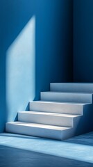 Minimalist interior with staircase and blue walls illuminated by soft light. Design blogs, furniture ads, architectural porfolios.