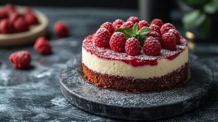 Cheesecake with raspberries decorated with fresh mint on gray background. Perfect for cooking blogs, dessert ads, restaurant menus.