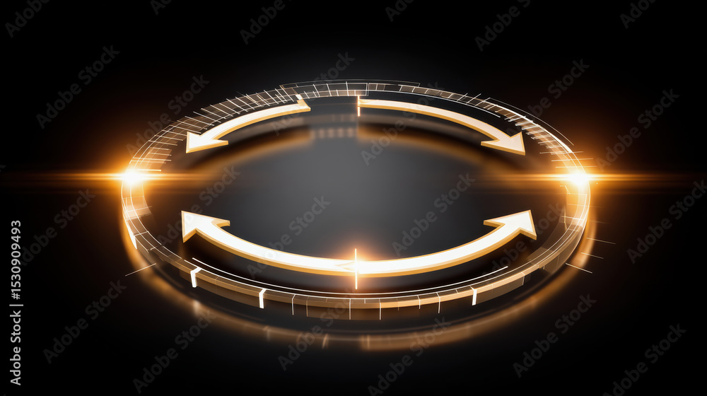 Poster futuristic glowing circular arrows with digital interface elements and bright light effects black ba