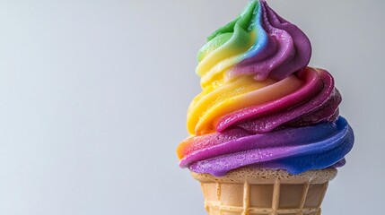 Bright dessert with colorful icing on a waffle cone. Suitable for advertising ice cream and summer desserts.