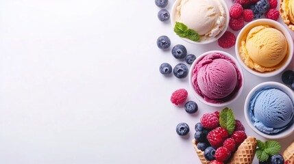Multicolored ice cream with berries on white background. In cooking blogs, cafe menus and dessert advertisements.