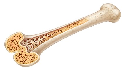 Crosssection of a long bone, revealing its intricate spongy and compact bone structures, isolated on white background