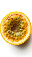 Close-up of a tropical fruit cut in half, showing the juicy pulp and seeds. In cooking blogs, articles about healthy eating, fresh food advertising.