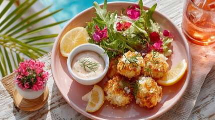 Deliciously plated crispy seafood fritters served with fresh salad, lemon wedges, and dipping sauce, creating a vibrant culinary experience. Selective focus