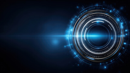 Futuristic digital interface with glowing blue circular elements and light effects on dark background, conveying advanced technology and innovation