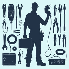 Vector silhouette of repairman with tools on light blue background