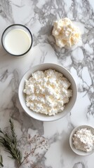 White dairy products on a marbled surface. In cooking blogs and dairy advertising.