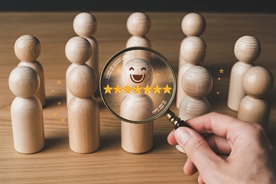 Top performing employee identified with magnifying glass and five star rating