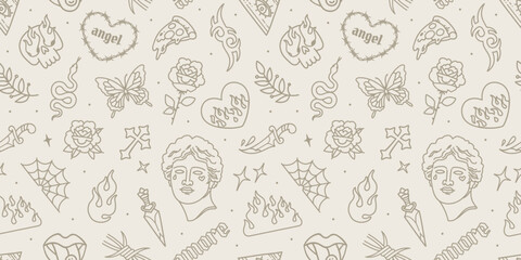 Y2k Boho tattoo pattern  - vector background. Gothic Tattoo Art and street wear Fashion elements for clothing print design. Gothic Cross, heart, butterfly, love. Opium style fashion print fabric
