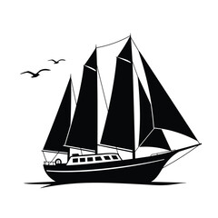 Black and white sailing boat silhouette illustration with birds flying, vintage yacht design, nautical travel clipart, isolated marine vector, traditional sailboat on sea
