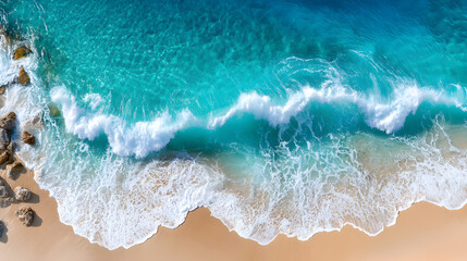 Aerial view of turquoise ocean waves gently crashing onto a sandy beach, with rocky formations enhancing the natural coastal landscape. Selective focus