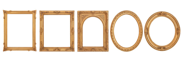 Elegant gold ornate picture frames set isolated on art oval arch decor on transparent background