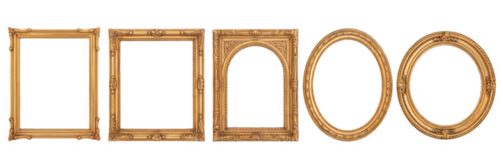 Elegant gold ornate picture frames set isolated on art oval arch decor on transparent background