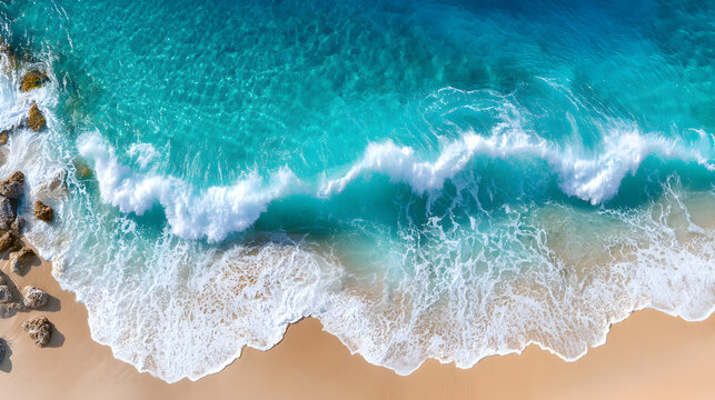 Aerial view of turquoise ocean waves gently crashing onto a sandy beach, with rocky formations enhancing the natural coastal landscape. Selective focus