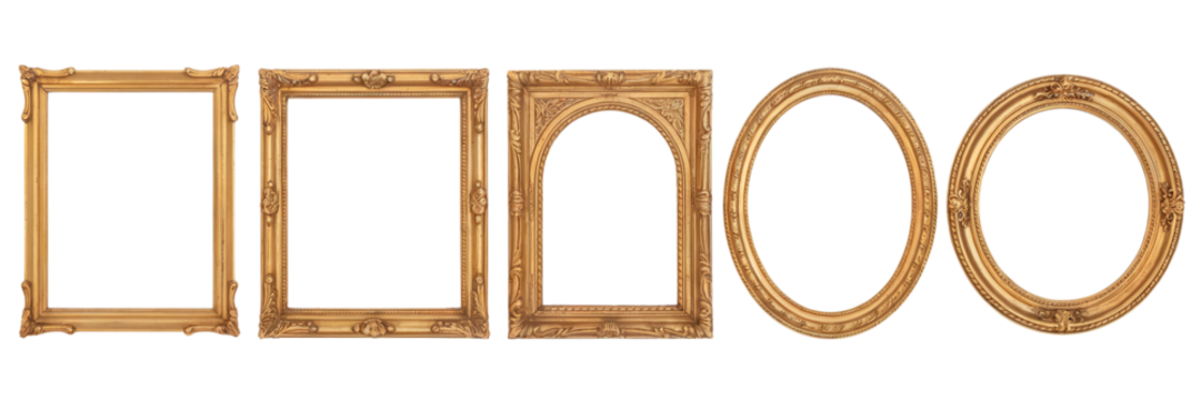 Elegant gold ornate picture frames set isolated on art oval arch decor on transparent background
