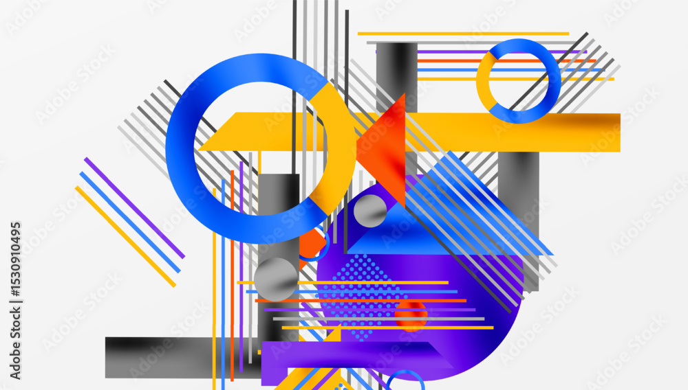 Poster abstract geometric composition. bold colors, lines, circles create dynamic visual impact. modern des
