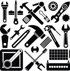 Collection of black and white tool icons for mechanics and diy projects