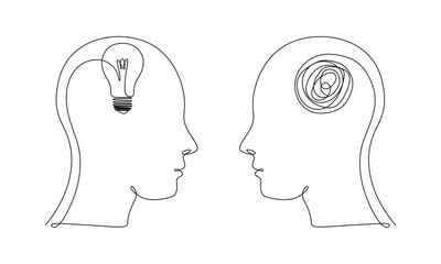One line drawing of head with light bulb for logo, emblem, web banner, presentation.