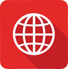 Red square icon featuring a white globe representing global connectivity and international reach