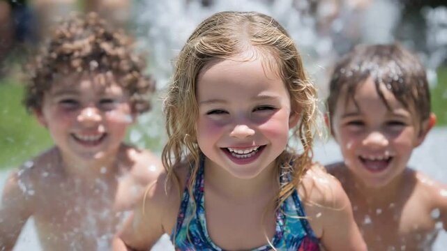 Children having fun in a backyard splash pool during summer