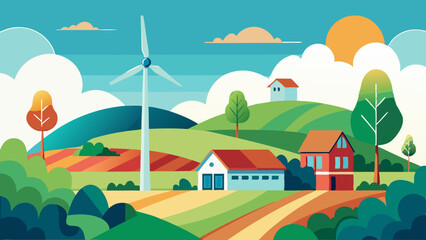 Naklejka premium Sustainable Countryside Farm with Wind Turbines and Rolling Hills