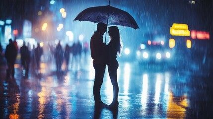 Couple under umbrella in rain city