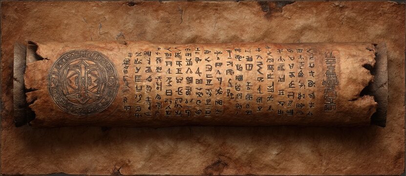 Intricate hieroglyphics on ancient scroll