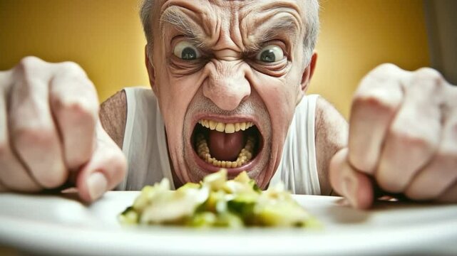 Unappetizing Confrontation: A close-up shot captures a man's intense displeasure with a small portion of food, highlighting the raw emotion of food dissatisfaction, making the viewer feel unease