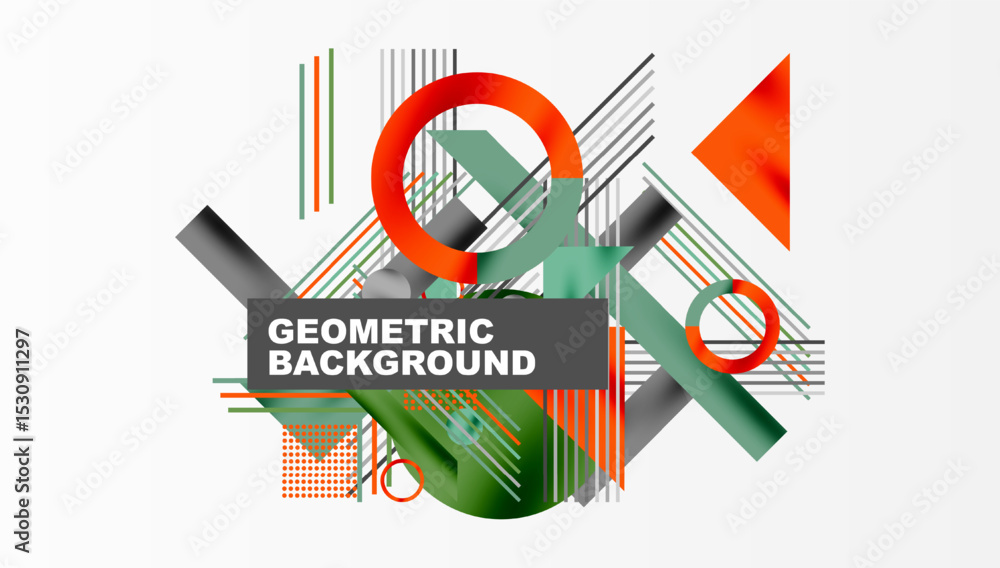 Poster Abstract geometric composition. Lines, circles, triangles create dynamic visual effect. Modern design elements present bold color scheme.