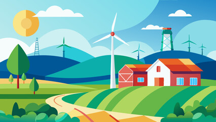 Fototapeta premium Sustainable Countryside Farm with Wind Turbines and Rolling Hills