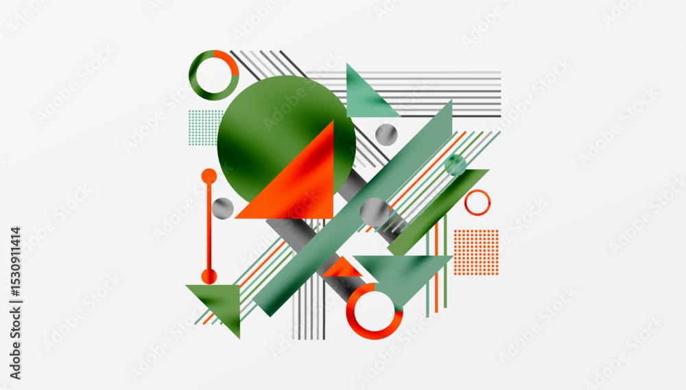 Poster Abstract geometric composition. Shapes overlap, creating dynamic visual interest. Lines, circles, triangles dominate design. Colors include green, orange, gray.