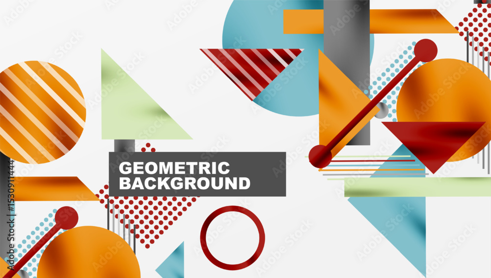 Poster Abstract geometric composition. Shapes overlap, creating dynamic visual interest. Colors include orange, red, blue, green. Modern design elements present.