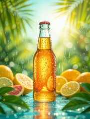 Refreshing citrus drink in a bottle with droplets
