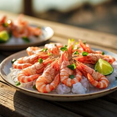 Outdoor seafood platter on wooden table at summer sunset