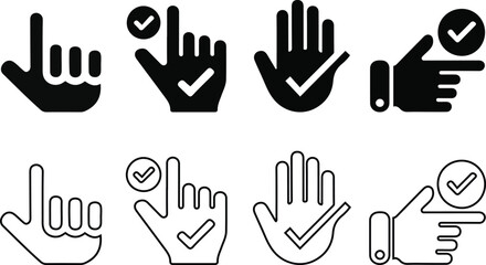 Hand Gestures with Checkmarks Icons Set. and outline vector illustration