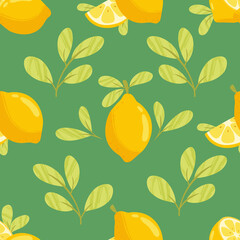 Lemon and leaves illustration in green background seamless pattern