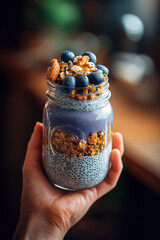 Hand holding a mason jar filled with colorful chia parfait topped with blueberries and granola.