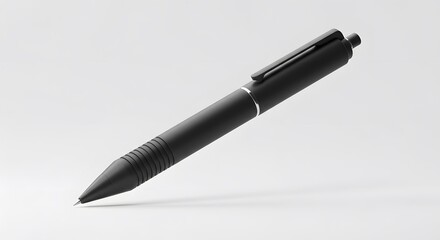 Sleek black ballpoint pen with a minimalist design and matte finish, isolated on a clean white background.