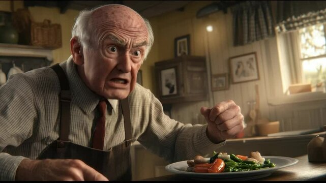 Frustration at Dinner: An older man with furrowed brows, seated in a well-lit room, glowering at a plate of food, capturing a moment of culinary discontent and the struggles of aging.