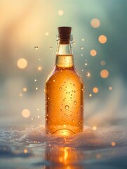 Glass bottle with liquid and water droplets
