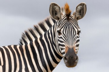 Naklejka premium Zebra posing in front of cloudy sky background