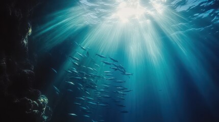 Fototapeta premium Sunlight streams through clear turquoise water, illuminating a school of fish. Ideal for illustrating marine biology, ocean conservation, or scuba diving.