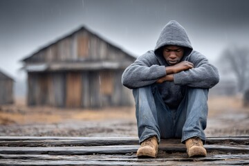 Refugee feeling hopeless and depressed in abandoned place under rain